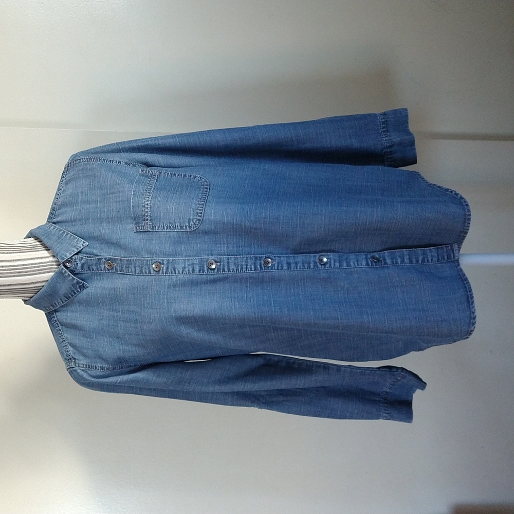 J.Jill Blue Chambray Linen Blend Shirt Roll Tab Long Sleeve Buttons Up Small